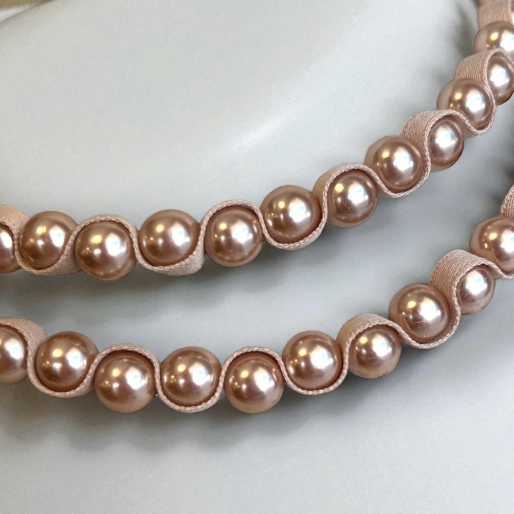 Vintage Ara Rose Gold Faux Pearl Necklace and Ribbon 40”
